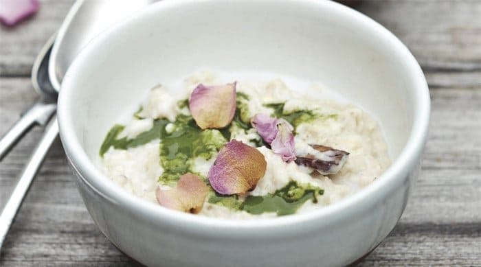 A bowl of matcha green tea oats