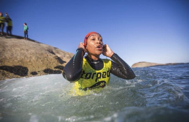 Michelle October doing the torpedo swimrun race