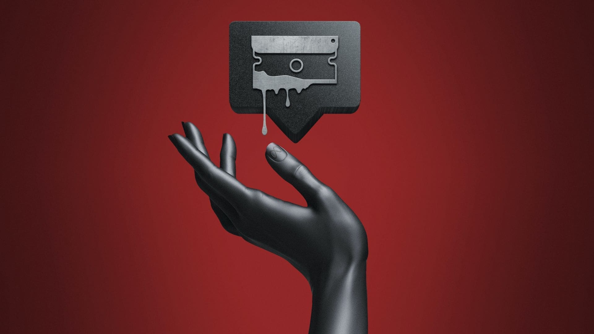 Abstract image depicting what romanticising mental illness can do, a comment notification with a cutting blade bleeding onto an outstretched hand
