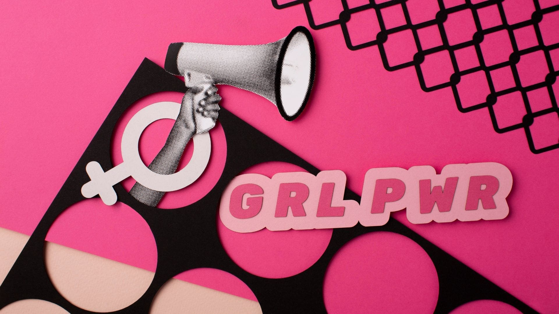 female hand holding speakerphone with words grl pwr next to it to talk about periods and fight period stigma